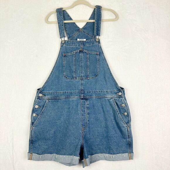 Old Navy Slouchy Jean Short Overalls Shortalls Size XL Cotton 4" Inseam Cuffed - Picture 1 of 6